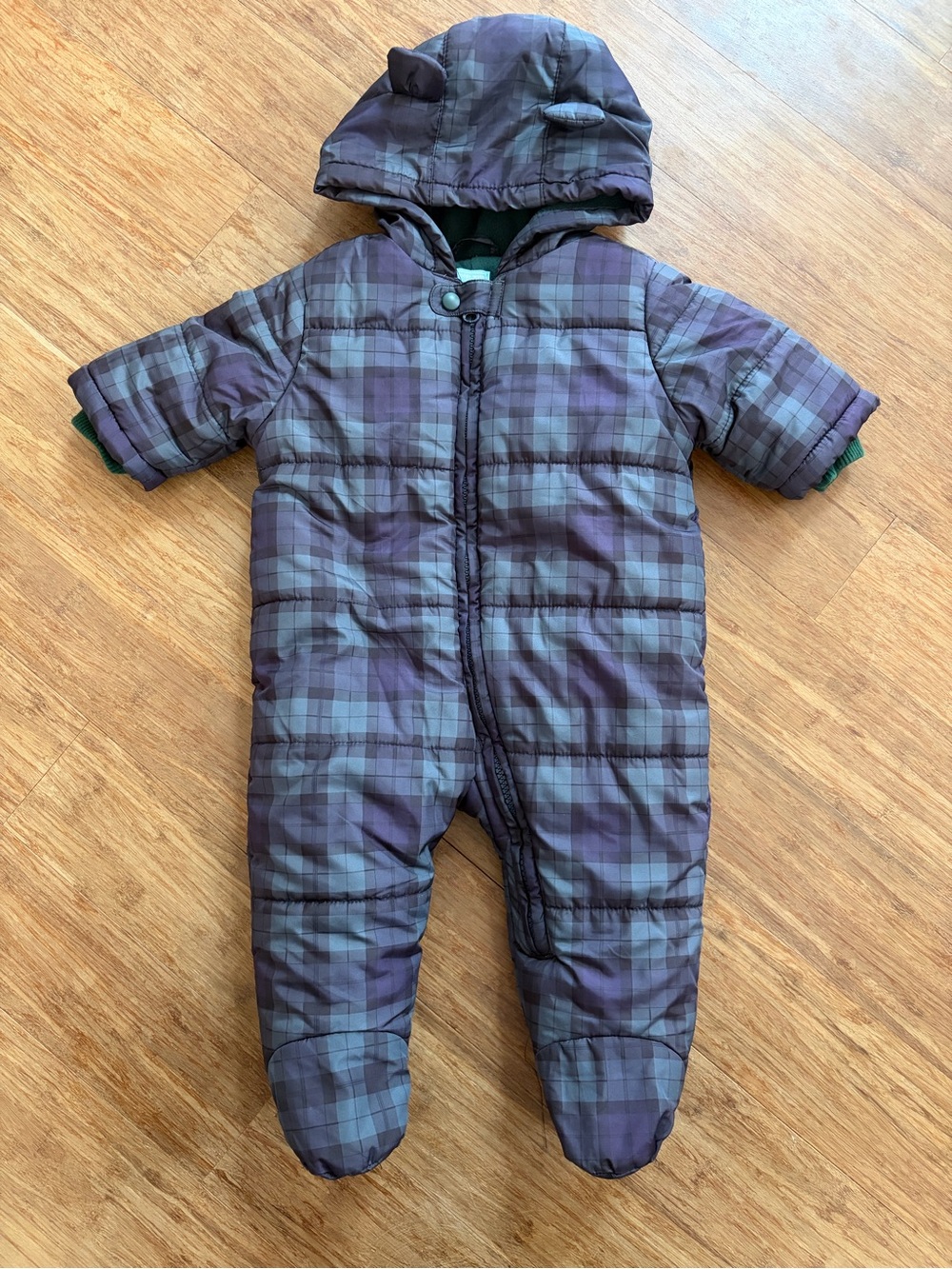 The Children's Place Baby Boys Bear Snowsuit Plaid Micro-Fleece Lined 3-6M